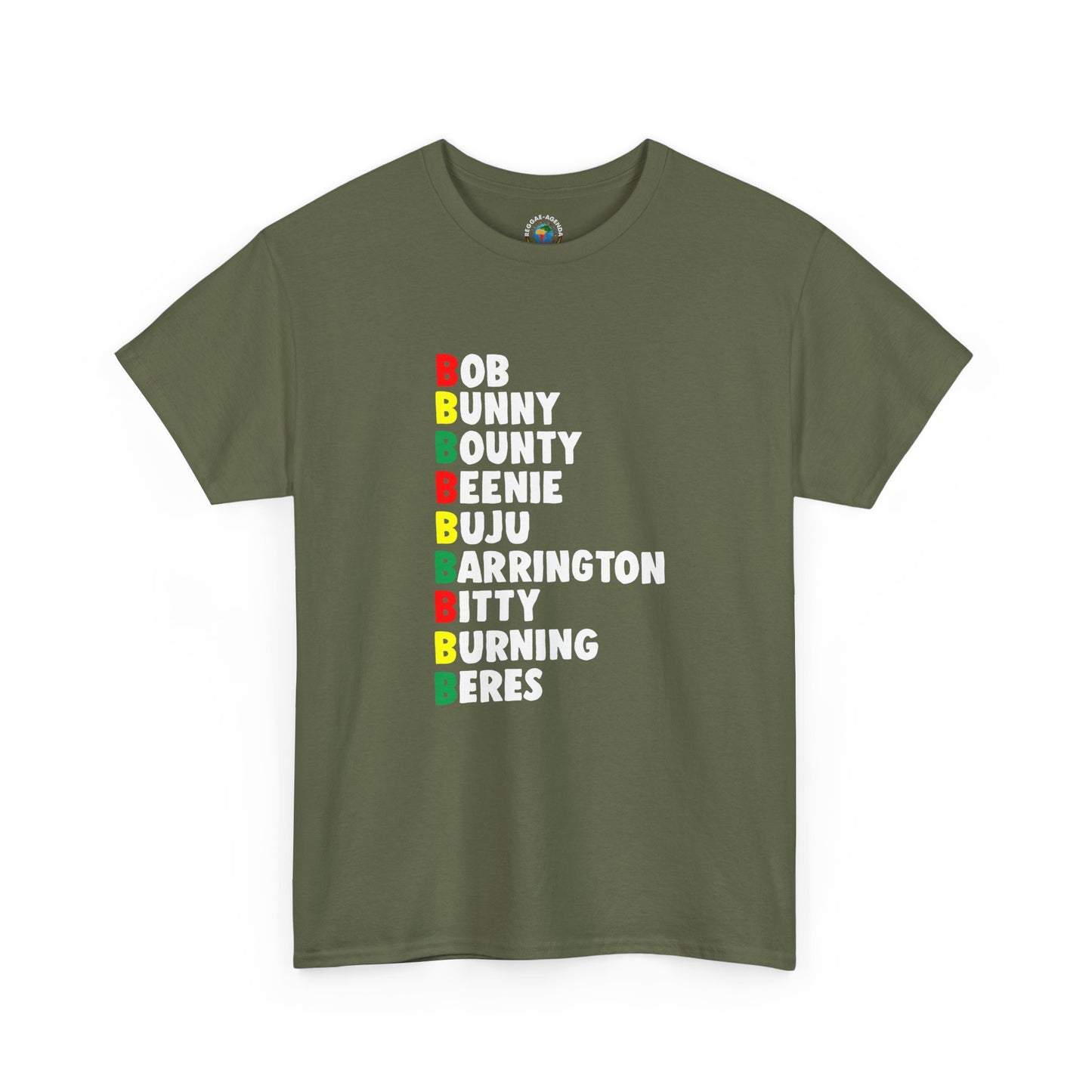 Reggae Legends Tee — Vertical Artists List (Bob, Bunny, Bounty, Buju, Barrington)